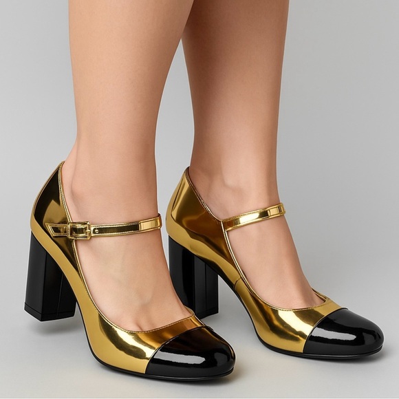 2521- Worthington Larcie Gold & Black Mary Jane Block Heels Size 7M NWT - Picture 1 of 12